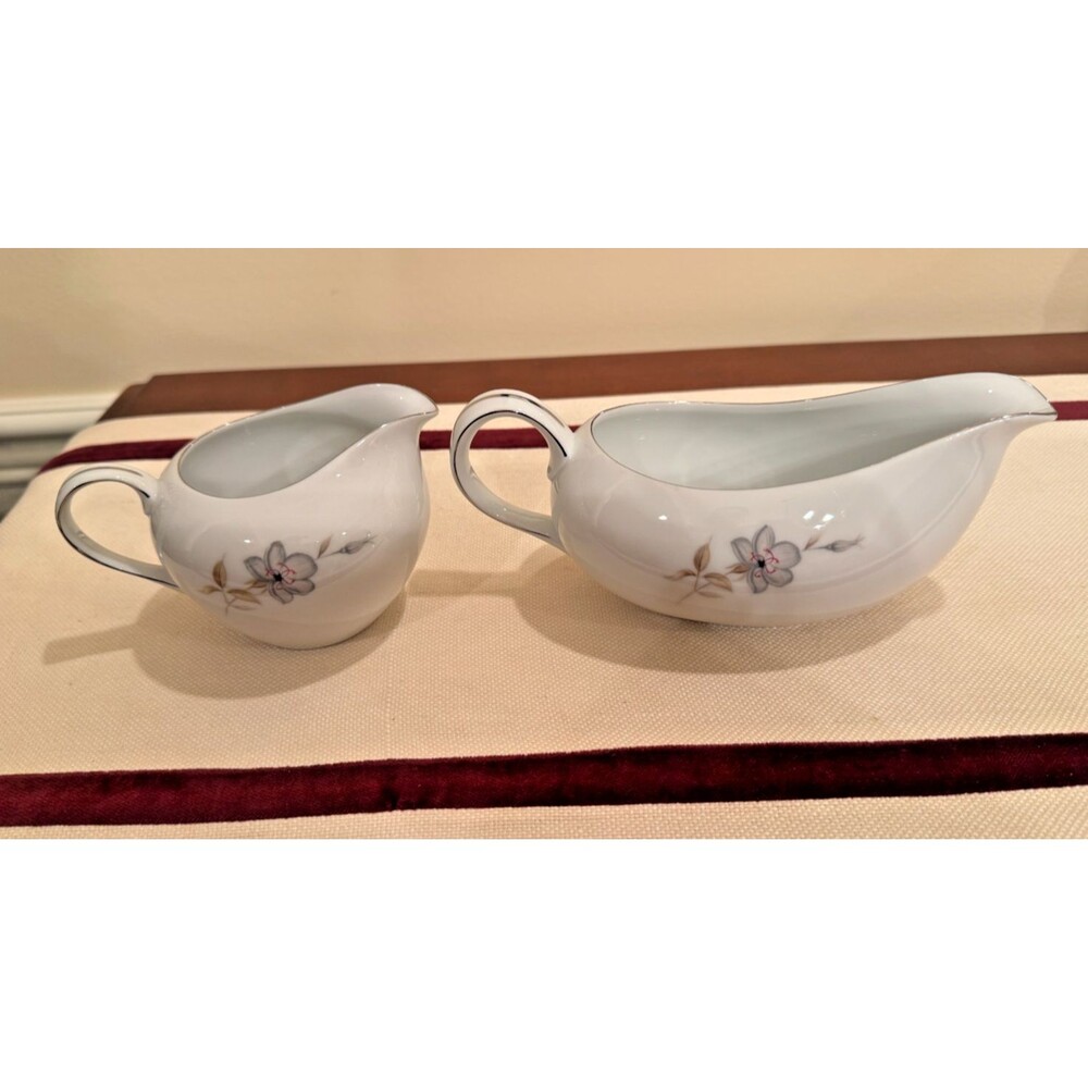 Yamaka Maytime Gravy Boat and Creamer Floral Pattern with Platinum Trim Vintage